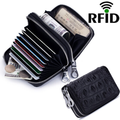 Mens Women Leather Wallet RFID Credit Card Holder Double Zipper