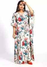White Floral Print Kaftan Dress Women's Beach Night Robes One Size Maxi Dress US