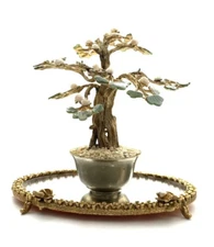 Bonsai Tree Stone & Pearl Flower in Brass Pot  Vintage Oriental Decor