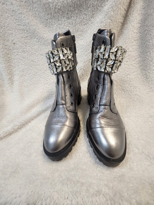 Karl Lagerfield Womens Pippa Lug Rhinestone Metallic Silver Size 6.5 Boot NWOB