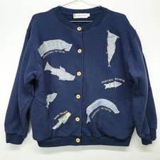 Shanghai Museum Cardigan Sweatshirt Womens Large Blue Fish Embroidered