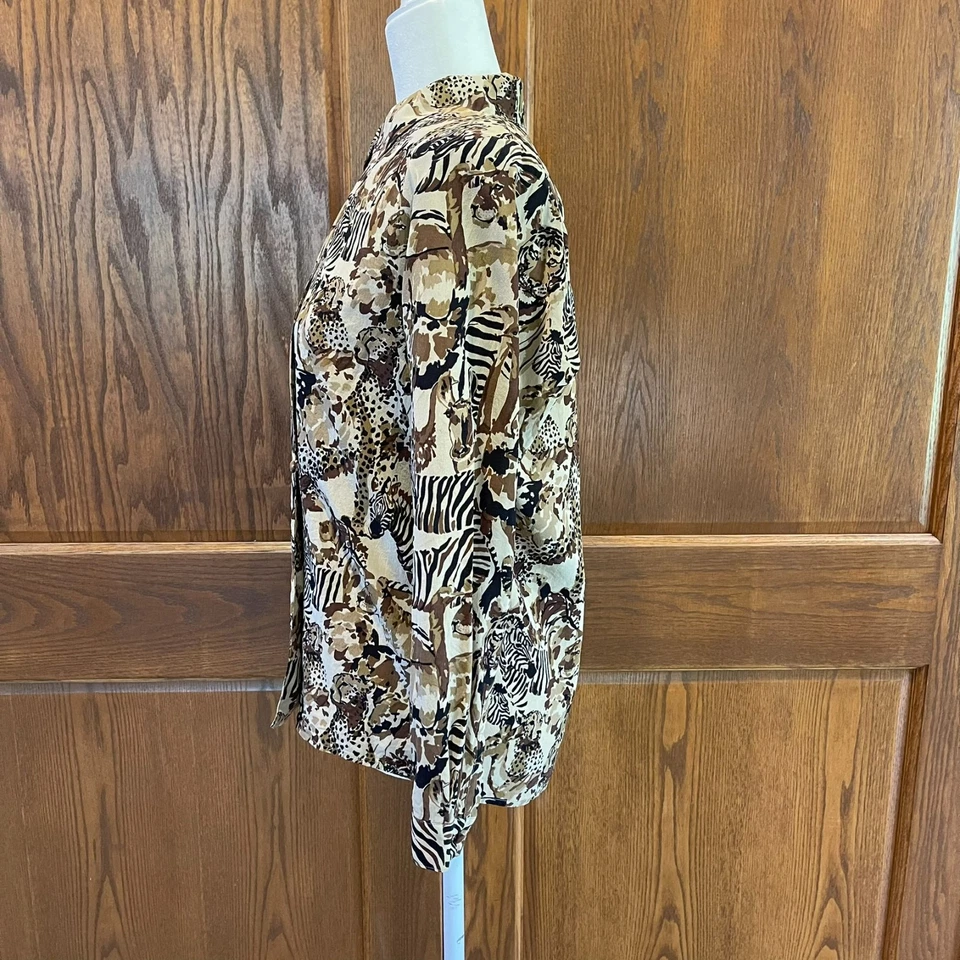 Doncaster Silks 衬衫上衣 6 码动物印花长袖 100% 真丝棕色卡其色 — 第 3/4 张图片