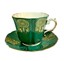 Royal Grafton Green Gold Tea Cup Saucer Set, Atomic Sunburst, England Vtg MCM