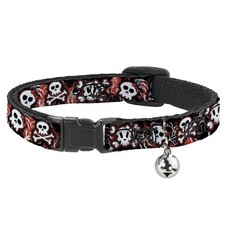 Cat Collar Breakaway with Bell Girlie Skull Black/Red NARROW Fits 8.5-12"