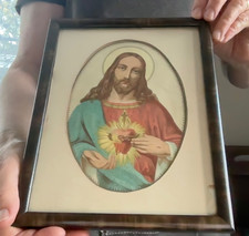 VTG Medium Wood Framed Lithograph Print Sacred Heart Of Jesus Oval Mat READ