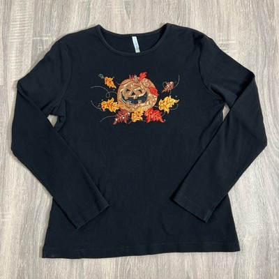 White Stag Halloween Metallic Shiny Fall Pumpkins Black LS T-shirt Womens Size S