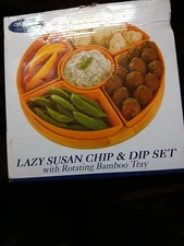 COUSHATTA CASINO RESORT LAZY SUZAN CHIP & DIP SET ROTATING BAMBOO TRAY  *