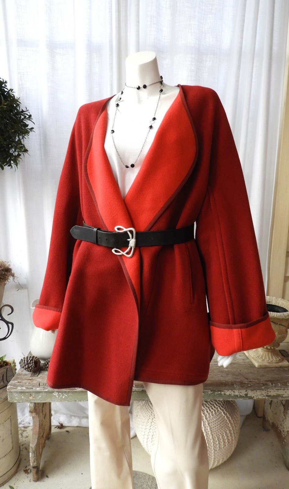Vtg Hermes Ladies Scarlet/Cherry Red Reversible Wool Cashmere Open Coat sz M/L/4