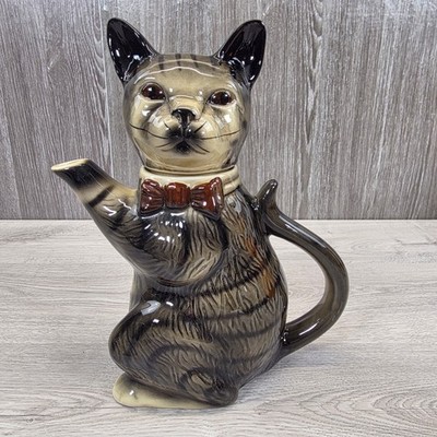 Wood Potters Grey Brown Tabby Cat Keramik Teekanne Muschi Fuß Staffordshire selten 