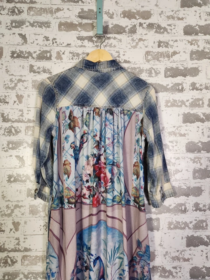 Aratta Silent Journey Maxi Dress Small Blue Plaid Floral Boho Embellished  - Image 2 of 4