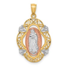 Colgante con dije de medalla Guadalupe tricolor oro 14k 1,14 pulgadas