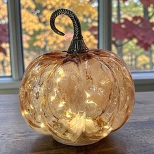 Coral Pink Glass Pumpkin With Metal Stem Light Up Halloween Fall 8.5"T Tested EC