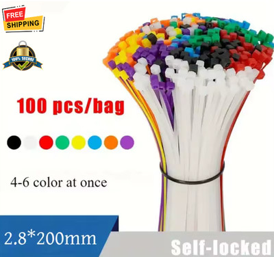 100Pcs 2.8×200mm Multicolor Self-Locking Nylon Cable Ties Wire Wrap Zip Ties
