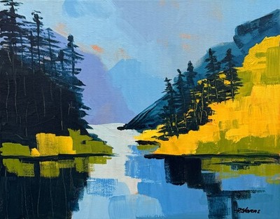 R Stevens 11x14 Original Acrylic Landscape Painting Mountain Lake Trees Path