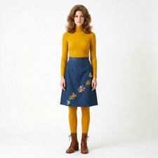 Vintage 1970s Embroidered Denim Skirt Butterflies Floral  XS  w 25.5"