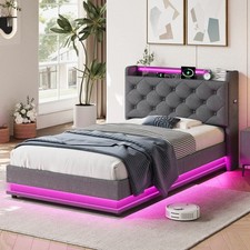 3ft Single Upholstered Bed Frame With Hydraulic Storage, LED Button Tufted Headb