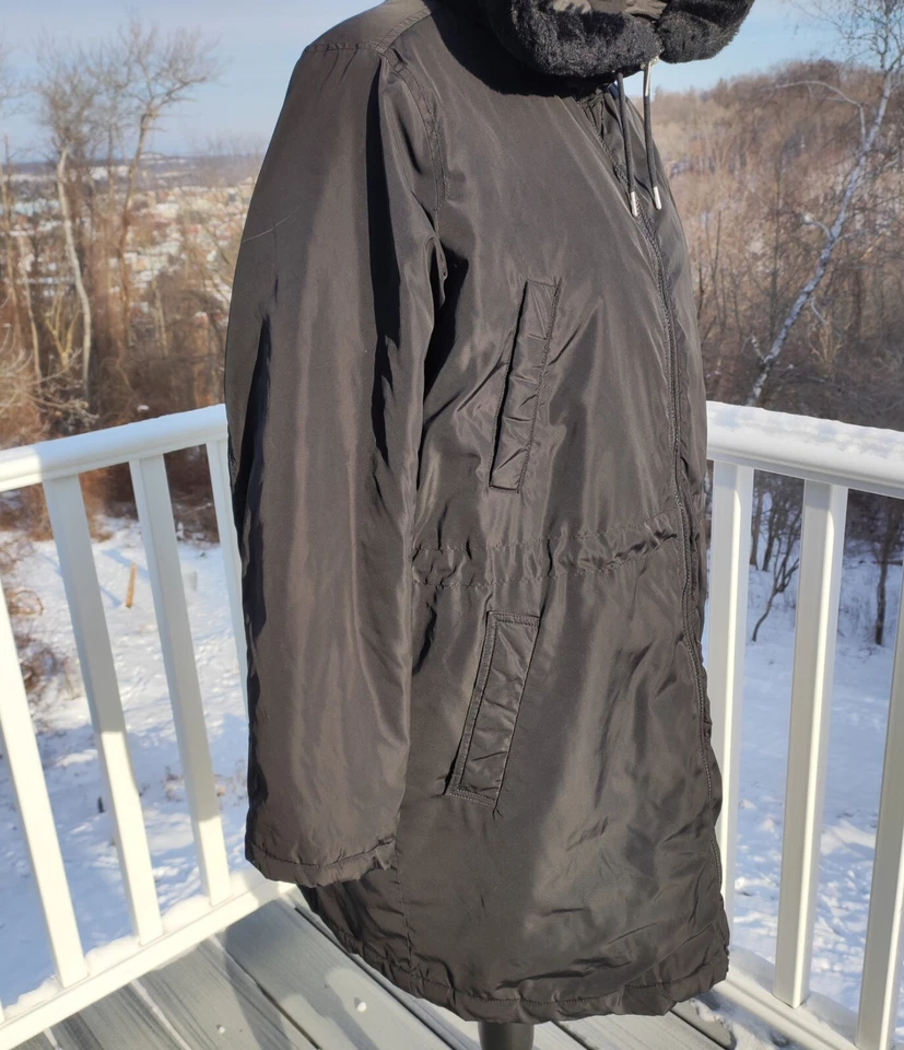 GAP Mujer Invierno Calor Largo Parka Chaqueta Abrigo Negro Con Capucha Imitación Piel Talla XL  Foto 4 de 4