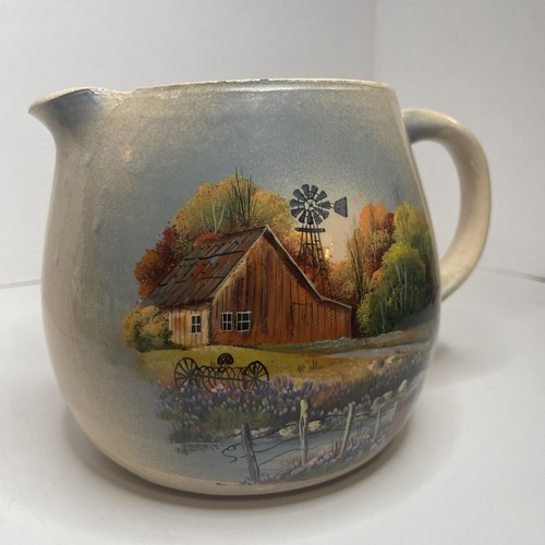 P.R. Storie Pottery Co. Marshall TX Stoneware Beige Pitcher w Homestead Scene - Picture 2 of 10