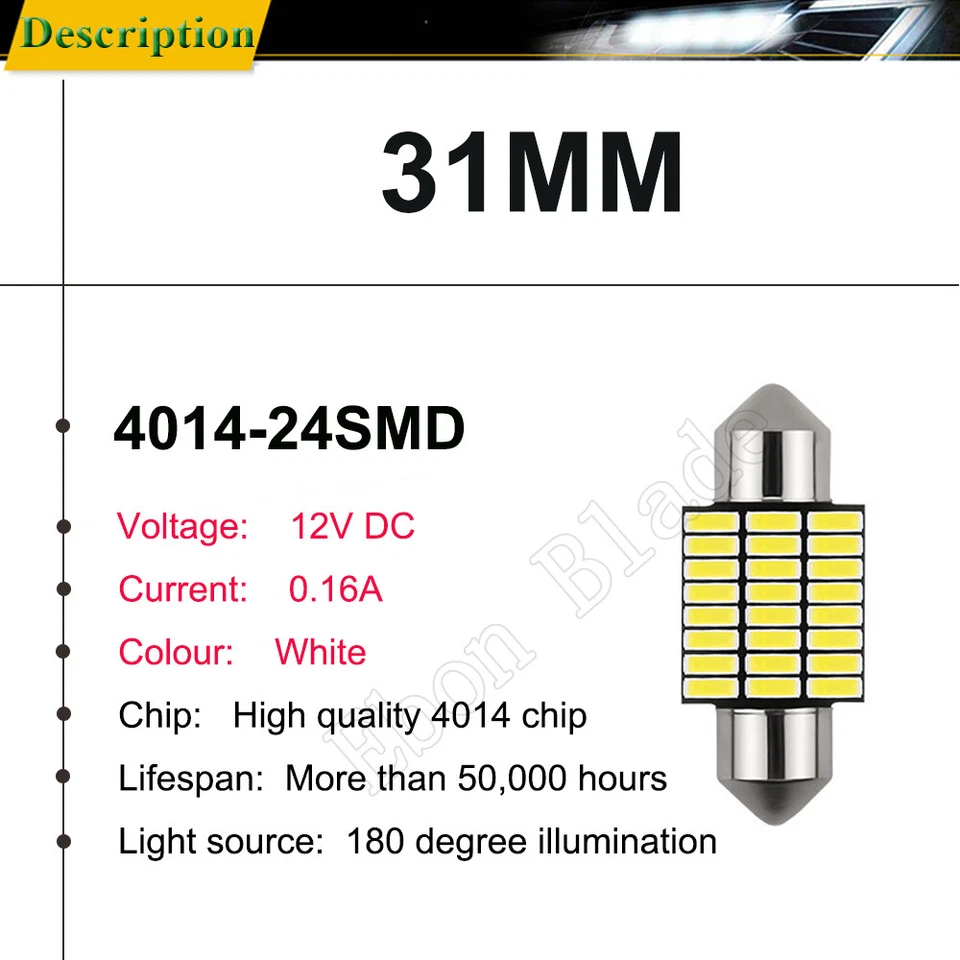 10 x CAR LED 31MM C5W FESTOON INTERIOR DOME TRUNK LICENSE PLATE WHITE LIGHT BULB Foto 2 de 4
