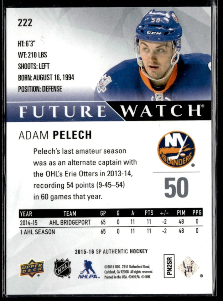 2015-16 Sp Authentic future watch Adam Pelech Rookie /999 #222 H11R2J - Image 2 of 2