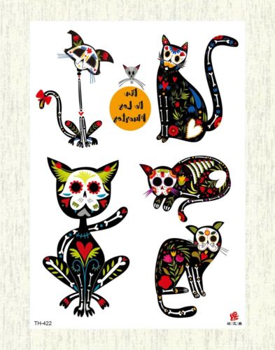 cool tattoos Halloween sugar skull cats skeleton large 8.25" temporary - Picture 1 of 4