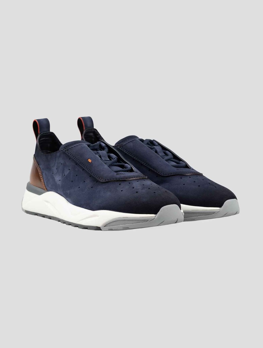 NEW SANTONI BLUE BROWN LEATHER SUDE SNEAKERS US 7 - EU 40 - UK 6