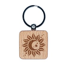 Celestial Sun Moon and Stars Engraved Wood Square Keychain Tag Charm