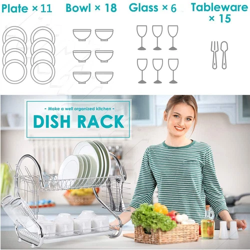 2 tier Dish Drying Rack Drainer Cup Plate Holder Cutlery Tray Kitchen Organizer - Picture 13 of 13