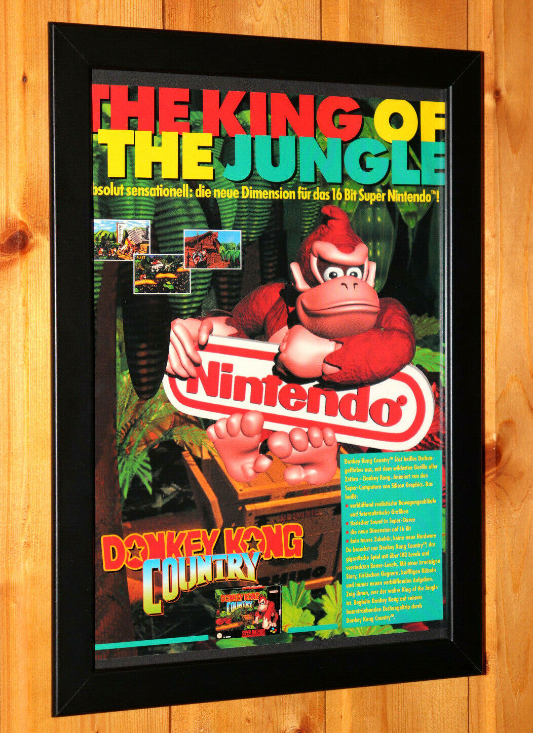 Donkey Kong Country Nintendo SNES Super NES Vintage Small Poster Framed Retro Super gewaardeerd onmiddellijke levering