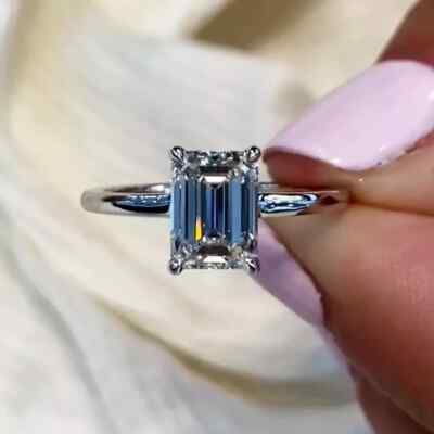 2.60 CTW Emerald Moissanite Hidden Halo Engagement Ring 14K White Gold Plated