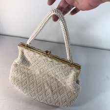 Vintage Handmade In Hong Kong Cream Beaded Metal Clasp Handbag