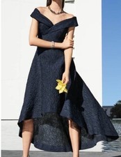 NWT Rickie Freeman for Teri Jon Navy High-low Off the Shoulder Jacquard Gown 14