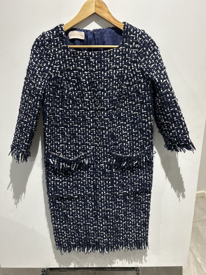 Tanya Didenko Dress Womens Medium Blue White Tweed 3/4 Sleeve Shift Mini
