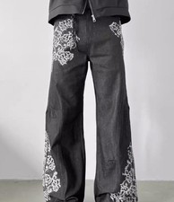 Men's Black Cotton Denim Jeans Straight Leg White Floral Printed Punk Pants New