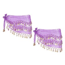 2 Pcs Belly Dance Hip Scarf 57x11" with 72 Gold Coin, Light Purple