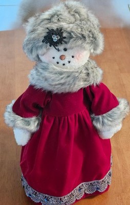 VINTAGE Delton Collectible Snow Lady Red Velvet Dress Weighted Plush Figurine