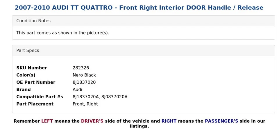 AUDI TT QUATTRO 2007-2010 - Manija de puerta interior delantera derecha / liberación Foto 3 de 4