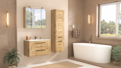 MONTIERT Badmöbel Set mit Waschbecken VIVIEN 80 cm EICHE VOTAN LED SOFT-CLOSE