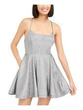 SPEECHLESS Womens Fit + Flare Mini Dress Silver Spaghetti Strap Juniors 1