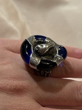 Vintage Brutalist Ring Sz 6 Sterling Silver Blue Glass Art Studio Cocktail MCM