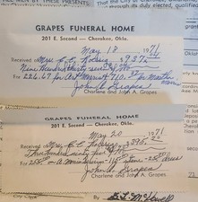 Cherokee OK Alfalfa GRAPES funeral Cemetery Roessig Morris Deeds Receipts 1971