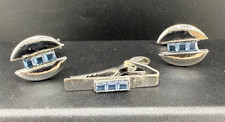 Vintage Cufflink Tiebar Clip Set Silver Tone Blue Rhinestone