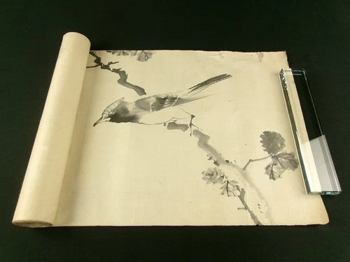 JAPANESE PAINTING Antique 2 Scrolls Bird Flower Figure Hand-Painted Edo b801