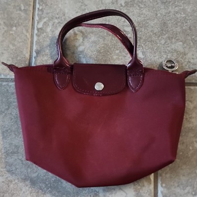 Longchamp Le Pliage Small Burgundy Top Handle Tote Zipper Snap Bag Charm