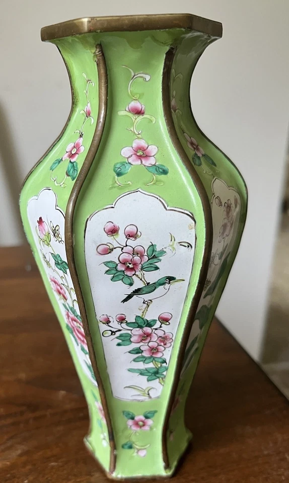 Antique Chinese Hexagonal Enamel Vase Canton 1920s Flower Bird Butterfly - Image 3 of 4