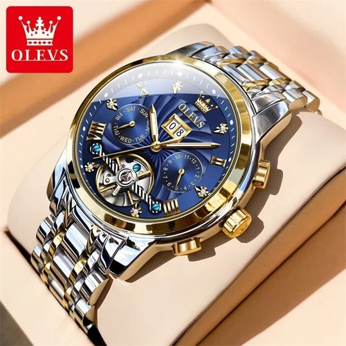 Automatic Mechanical Watch Men's Waterproof Luxury Skeleton OLEVS Date Men Strap - Picture 9 of 23