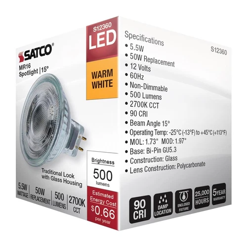 Satco S12360 - 5.5 Watt MR16 LED Spotlight - 2700K CCT - 12 Volt (2,6, or 12 PK) - Picture 8 of 9