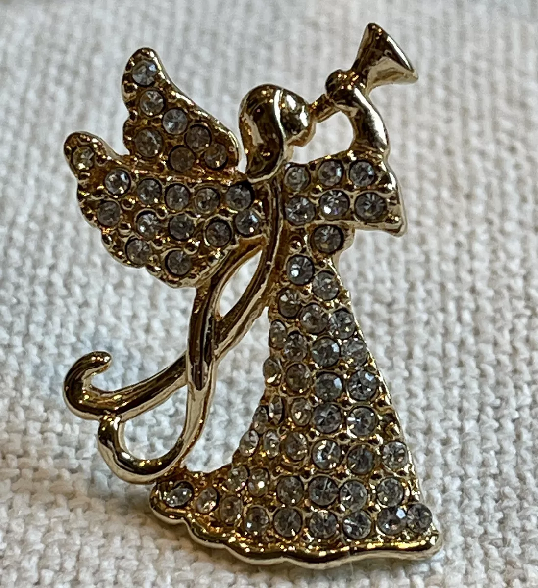 Monet Angel Brooch Pin Clear Crystal with Trumpet Rhinestone Gold