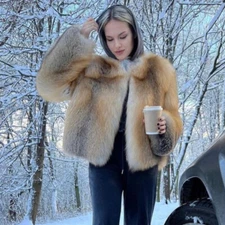 Elegant Women's Real Golden Island Fox Fur Coat Winter Thick Warm Jacket Outwear