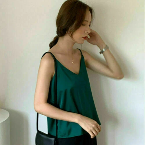 Damen Satin Seide Camisole Tank Top Träger V-Ausschnitt Träger Unterhemd Freizeit Basic Top - Bild 6 von 36